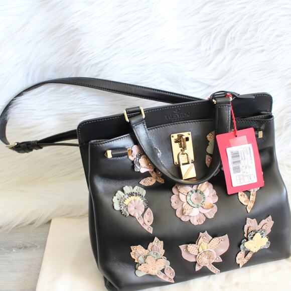 Valentino Joylock Black Leather Floral Applique Rockstud Satchel Shoulder Bag - Picture 3 of 16